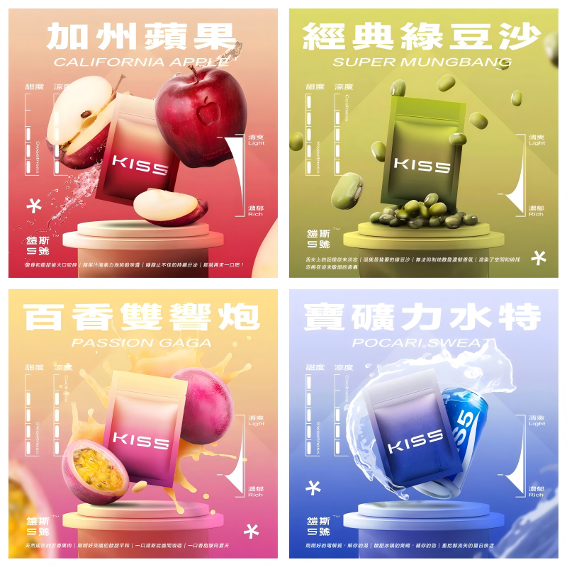 KISS 凱斯 5 號煙彈： 22 款潮流口味 | 通用一代主機 | 3 顆裝 | 買15顆送主機